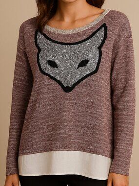 Avenue Fox Sweater Size 18/20 Women's Plus Burgundy Cream Matte Silver Sequins